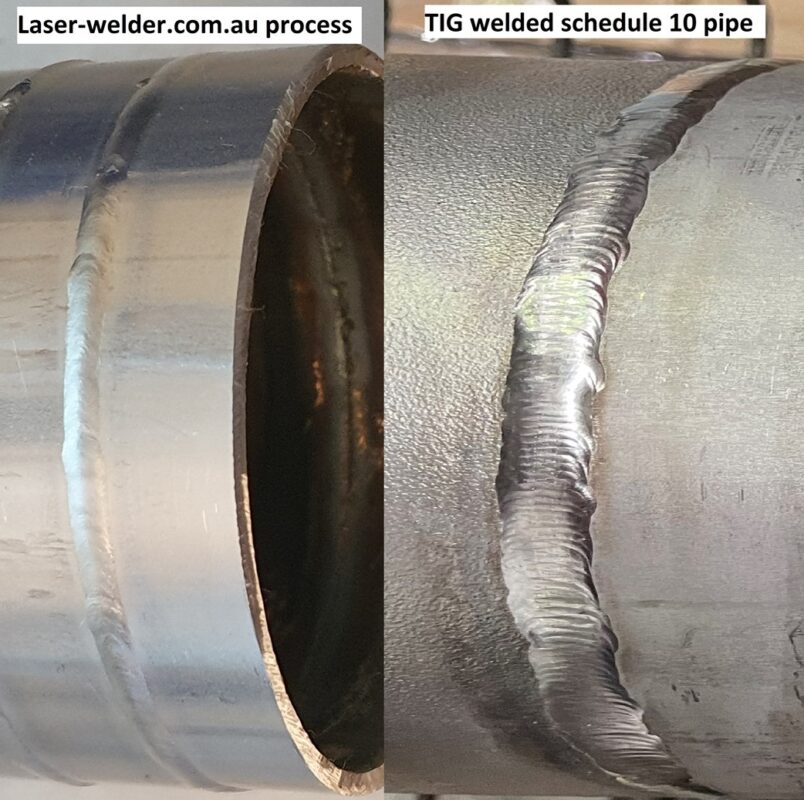 Laser and TIG welds on stainless steel pipes