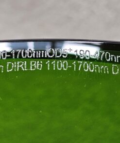 Close up of laser glass ratings on green laser glasses